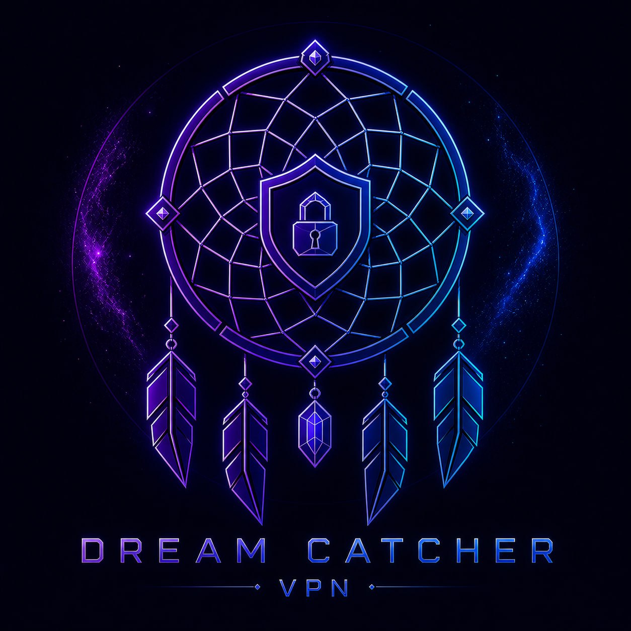 Логотип Dream Catcher VPN: неоновый ловец снов со щитом и замком